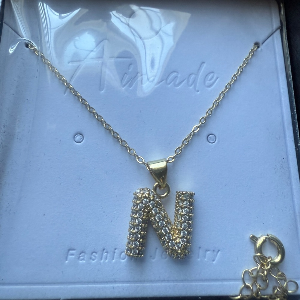 Gold Statement Necklace with Sparkling letter N Initial Pendant